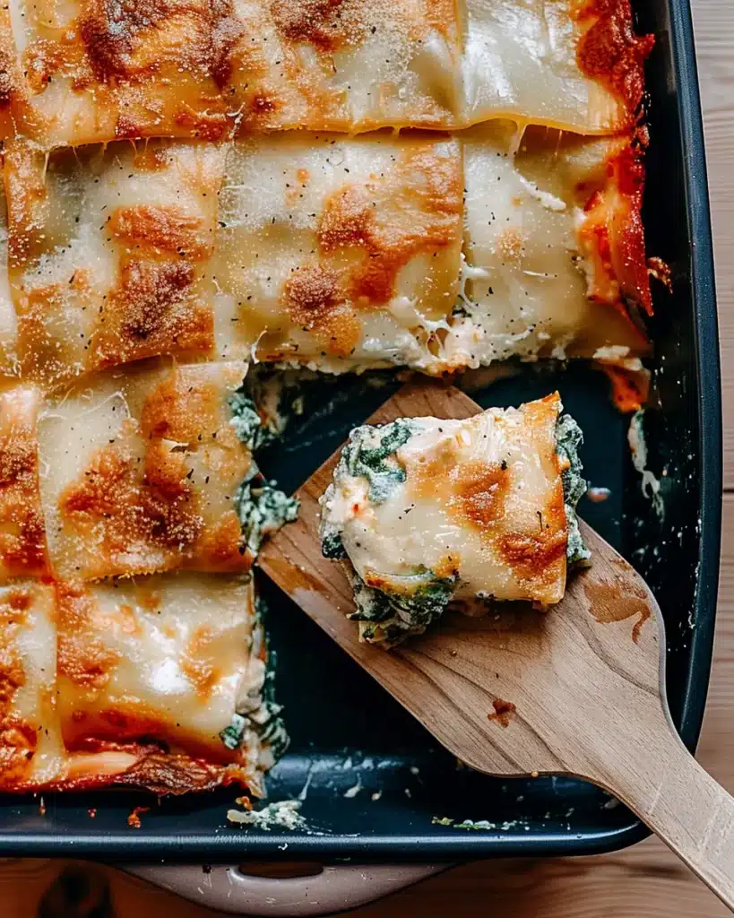 Sliced baked Christmas lasagna with cheese and spinach lifted by spatula