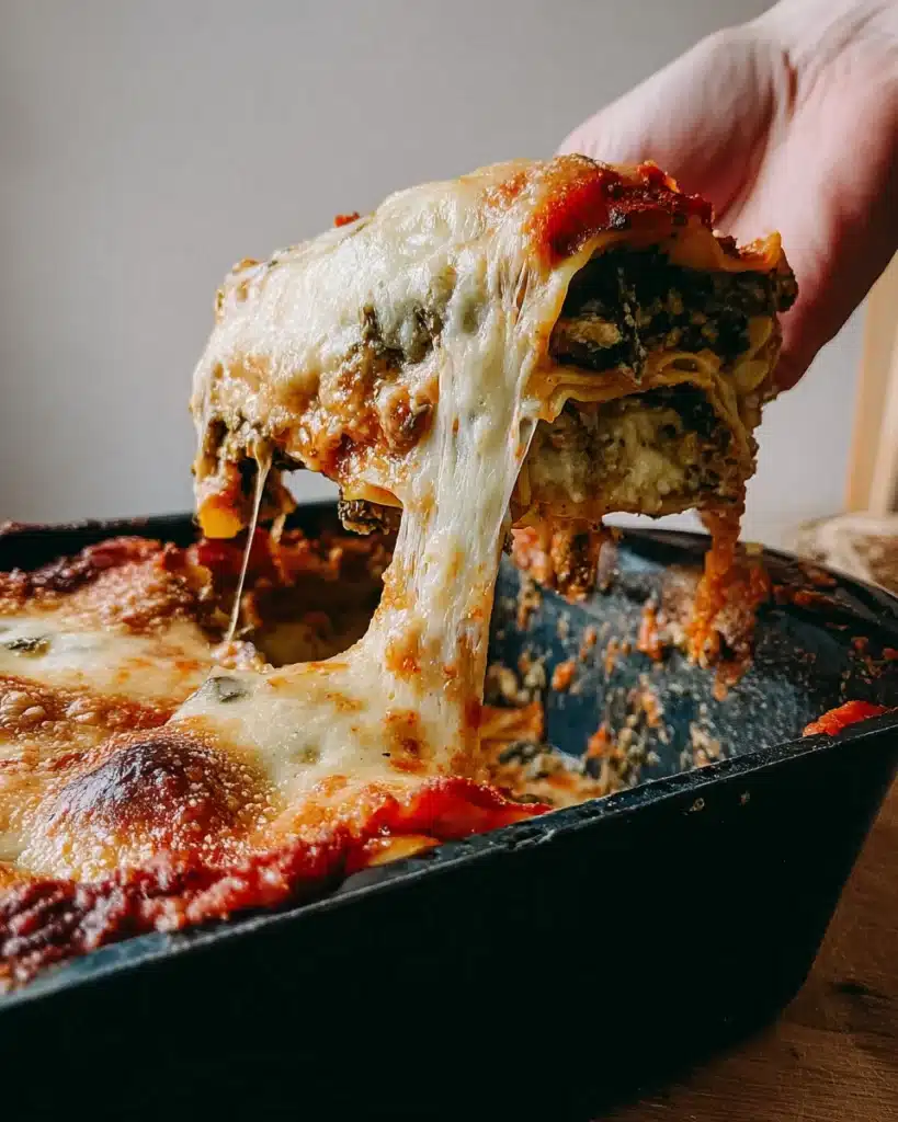 Cheesy slice of Christmas lasagna lifted from pan