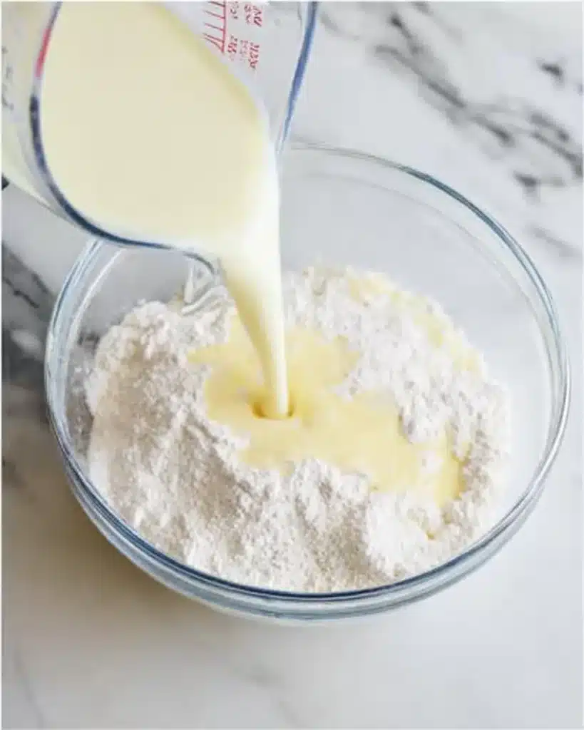 Pouring milk into pudding mix for Christmas Peppermint Pie filling