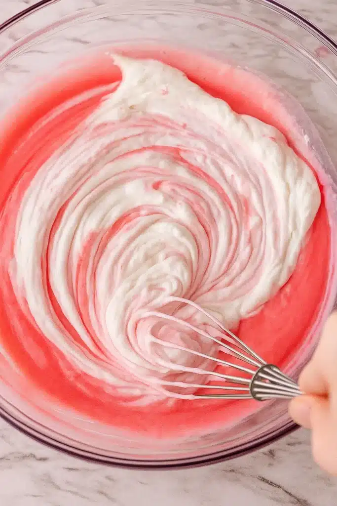 Folding whipped topping into pink peppermint pie filling