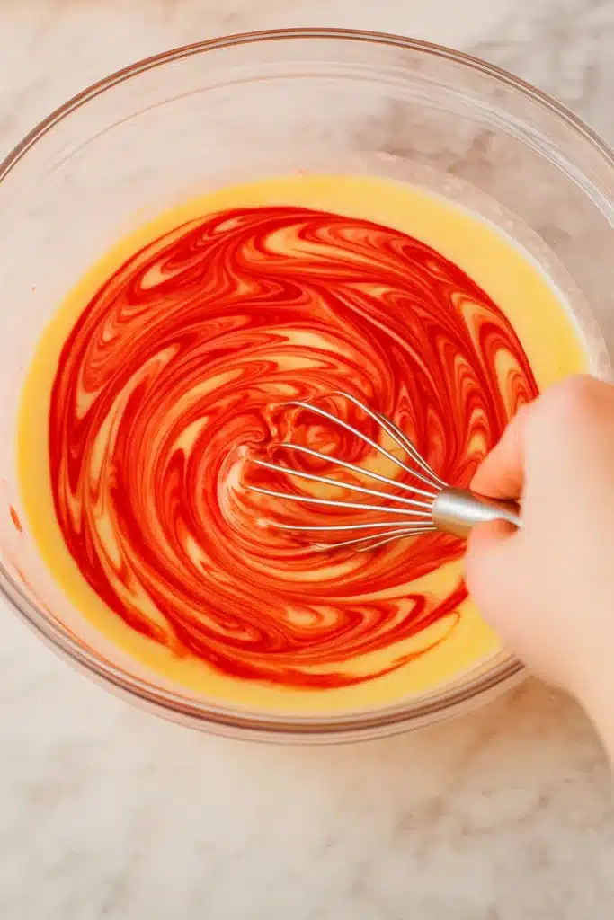 Whisking red food coloring into pudding for Christmas Peppermint Pie