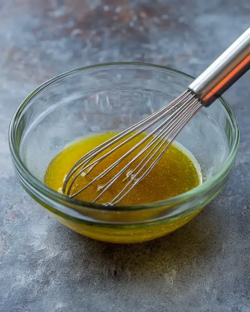 Whisking honey Dijon vinaigrette for Christmas salad in a glass bowl