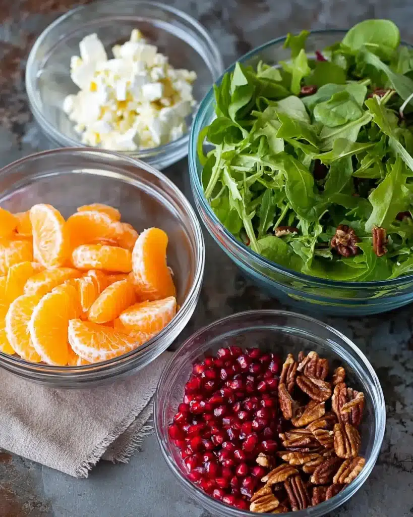 Fresh Christmas salad ingredients in glass bowls with oranges, pomegranate, feta, and greens