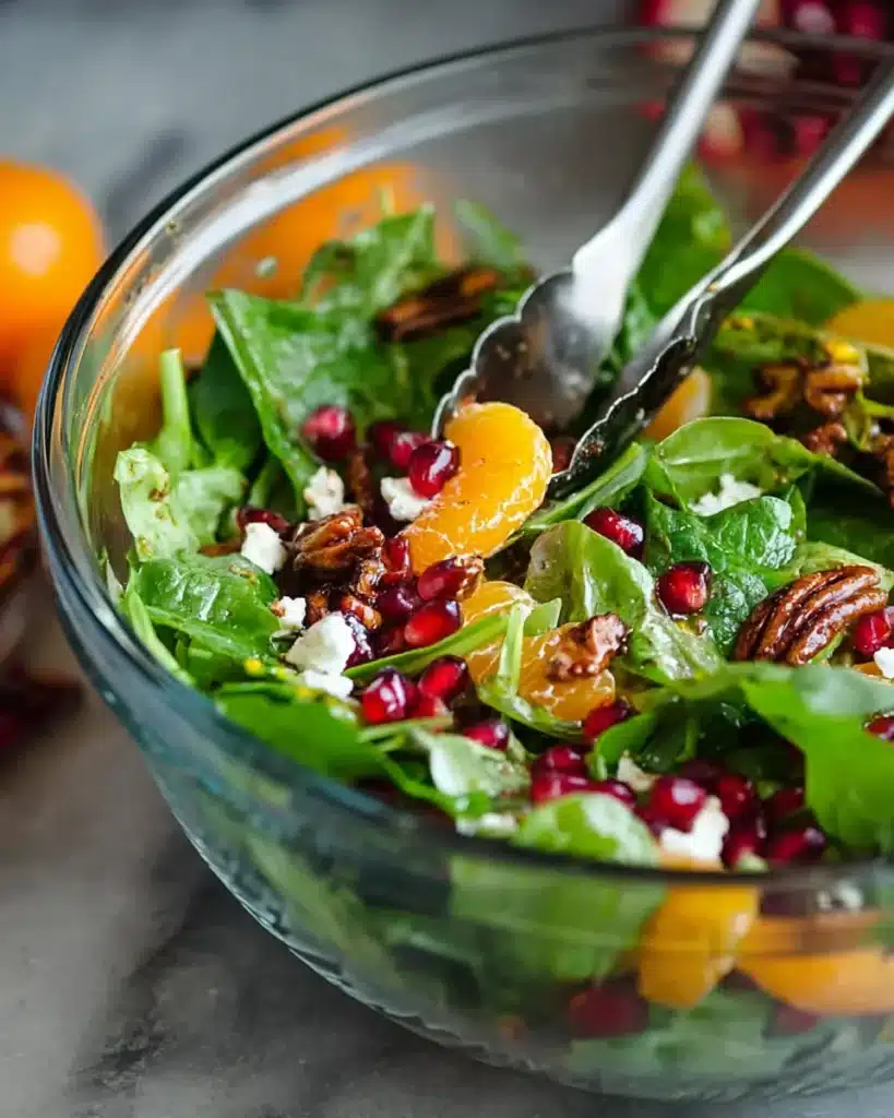 Tossing fresh Christmas salad with oranges, pomegranate, and feta in a glass bowl