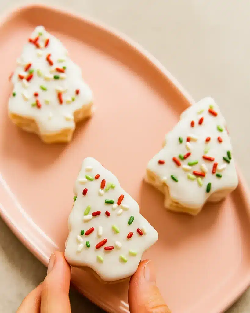 Three Christmas tree cakes with white icing and sprinkles on a pink plate