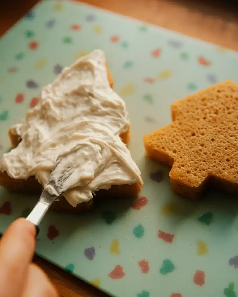 Christmas tree cake layer spread with creamy white frosting