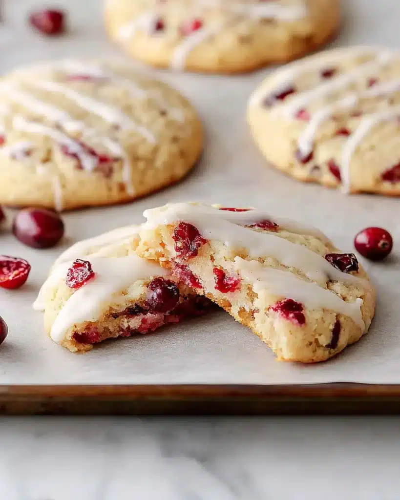 Soft cranberry cookies with icing and a broken cookie showing texture