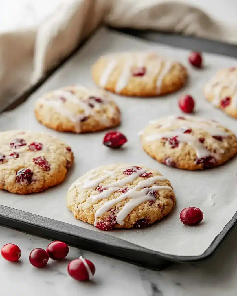 Fresh cranberry orange cookies with icing on baking tray