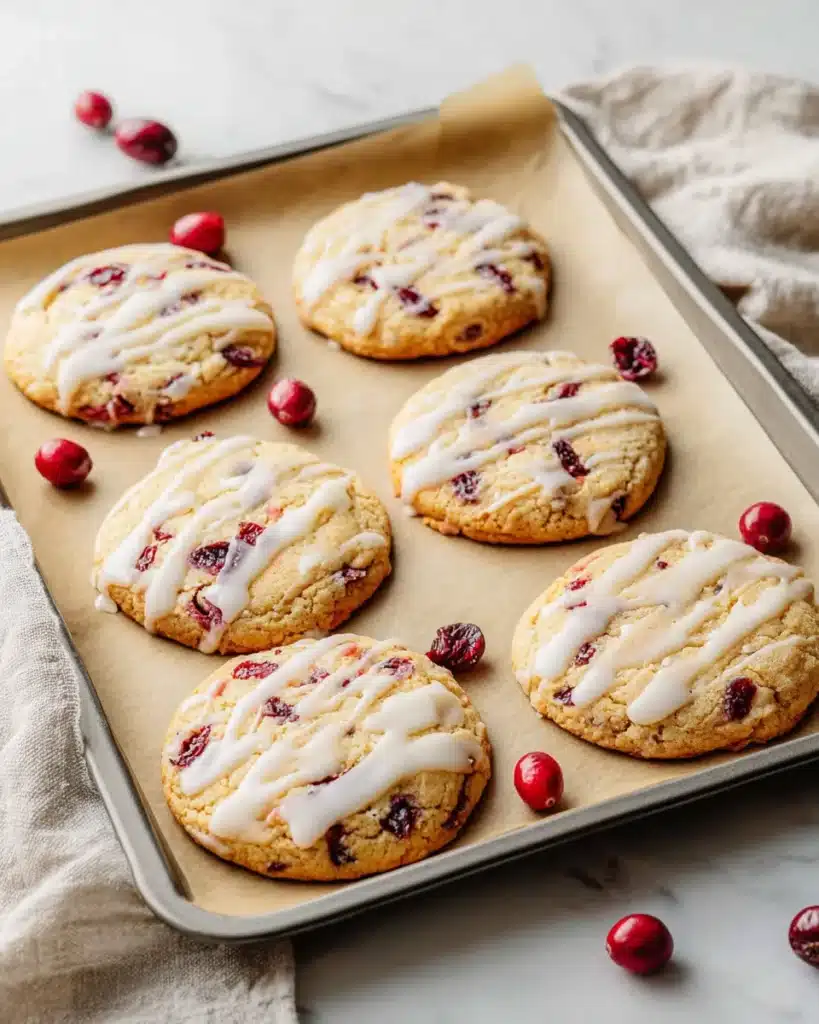 Cranberry orange cookies with icing on baking tray beside Christmas Tree Cupcakes