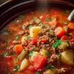 Hearty cowboy soup with ground beef, potatoes, and carrots in a rich tomato broth