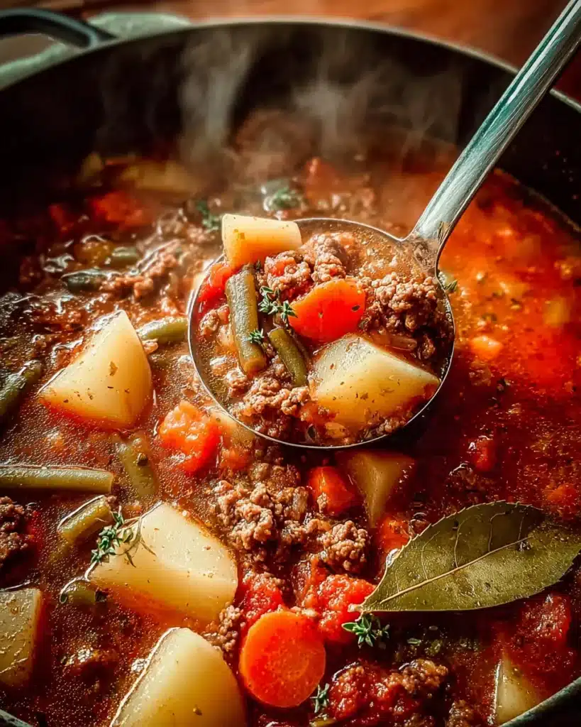 Ladle of cowboy soup with beef, potatoes, and carrots in tomato broth