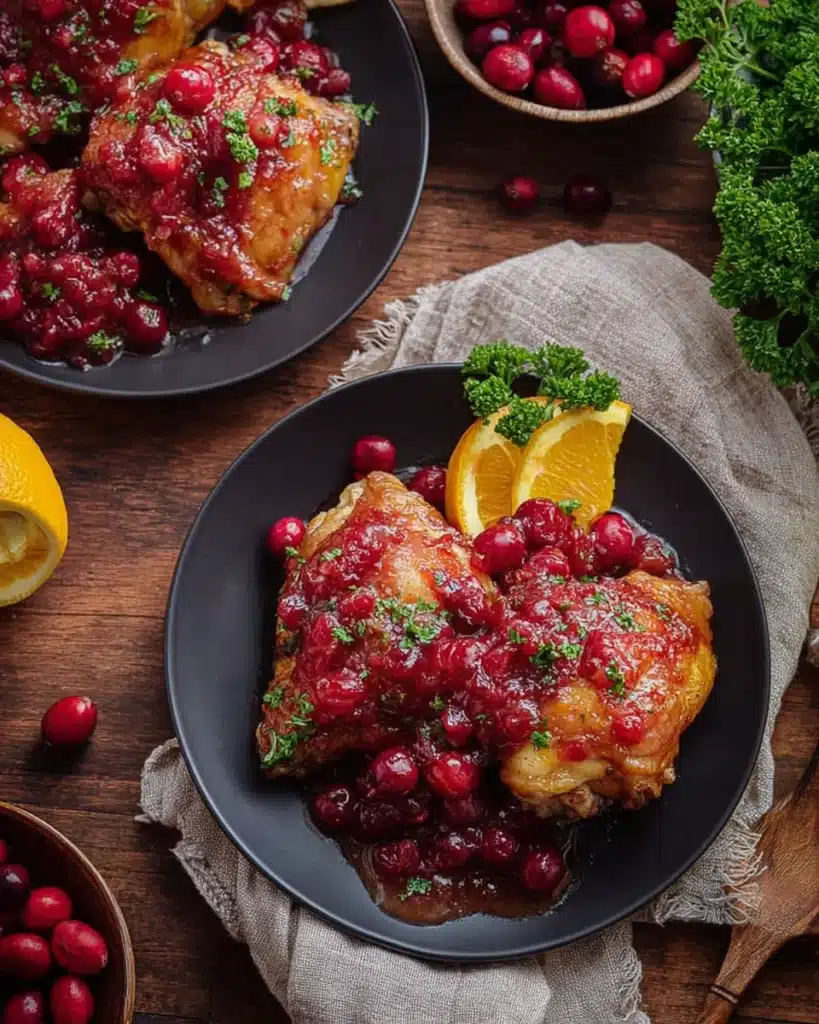 Plated cranberry orange chicken with glossy cranberry glaze and herbs