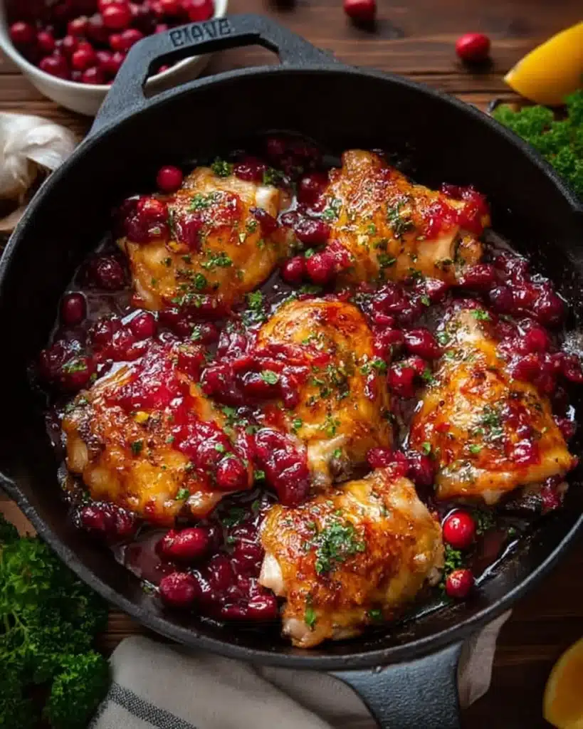 Cranberry orange chicken thighs in a skillet with glossy sauce and herbs