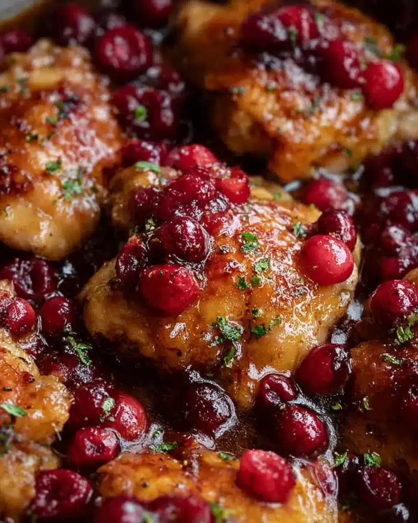 Close-up of cranberry orange chicken with glossy cranberry glaze