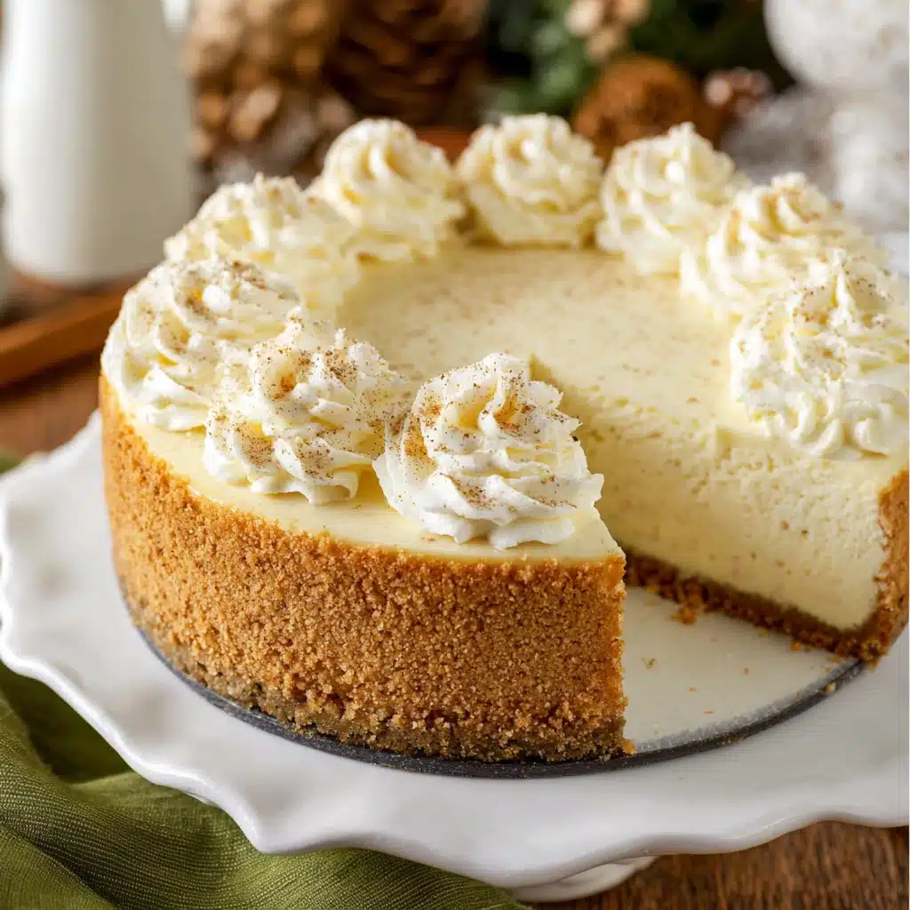 Whole eggnog cheesecake with whipped cream and nutmeg on white plate