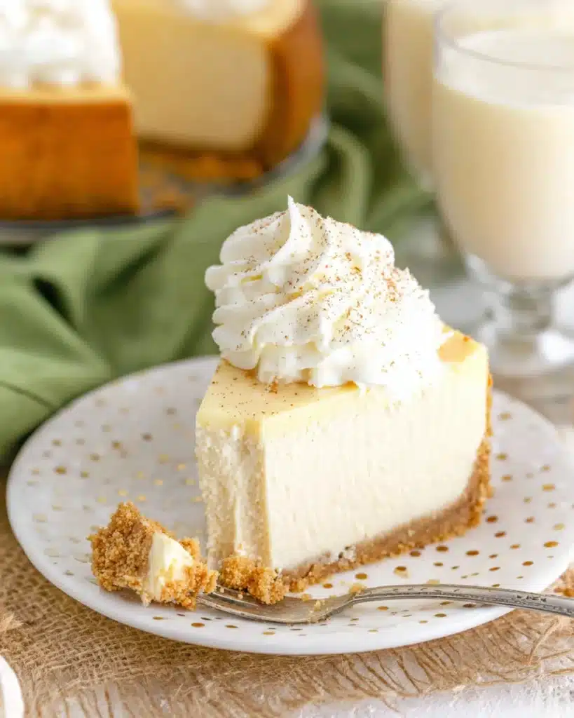 Slice of eggnog cheesecake with whipped cream and nutmeg on white plate