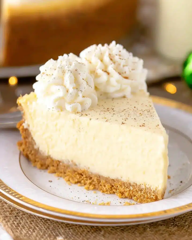 Slice of creamy eggnog cheesecake with whipped cream and nutmeg