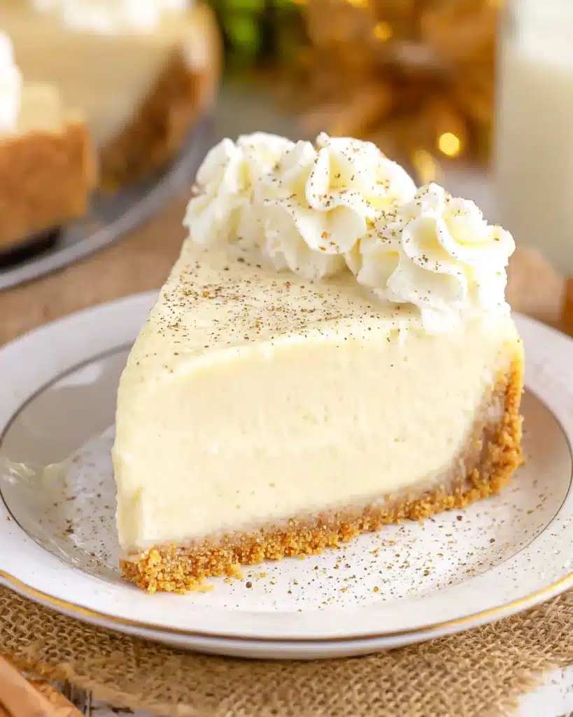 Eggnog cheesecake slice with whipped cream and nutmeg on a white plate