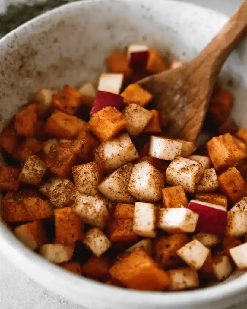 Diced butternut squash and apple in a white bowl with cinnamon for fall bruschetta