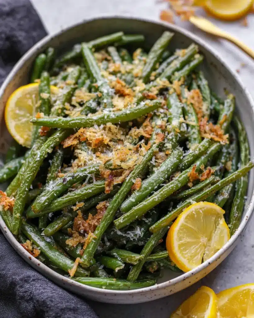 Garlic Parmesan roasted green beans with crispy garlic and melted cheese in a ceramic bowl