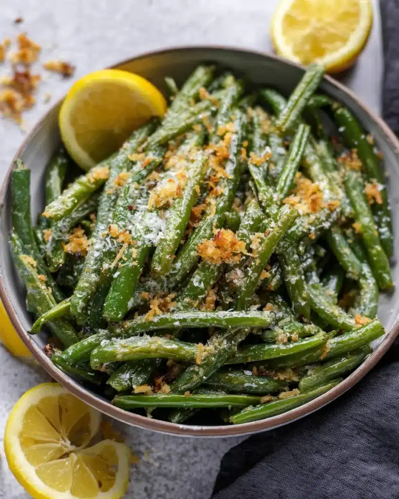 Garlic Parmesan roasted green beans served with lemon and cheese
