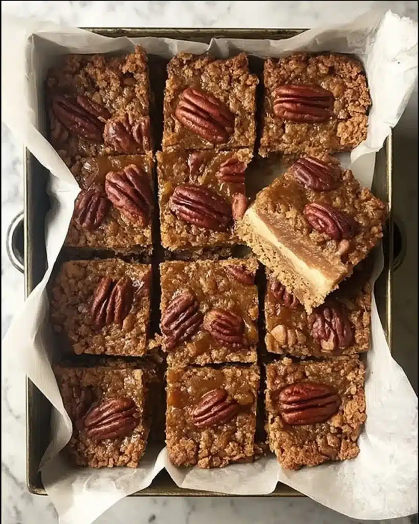 Gluten-free pecan bars sliced in a pan showing caramel filling and shortbread base