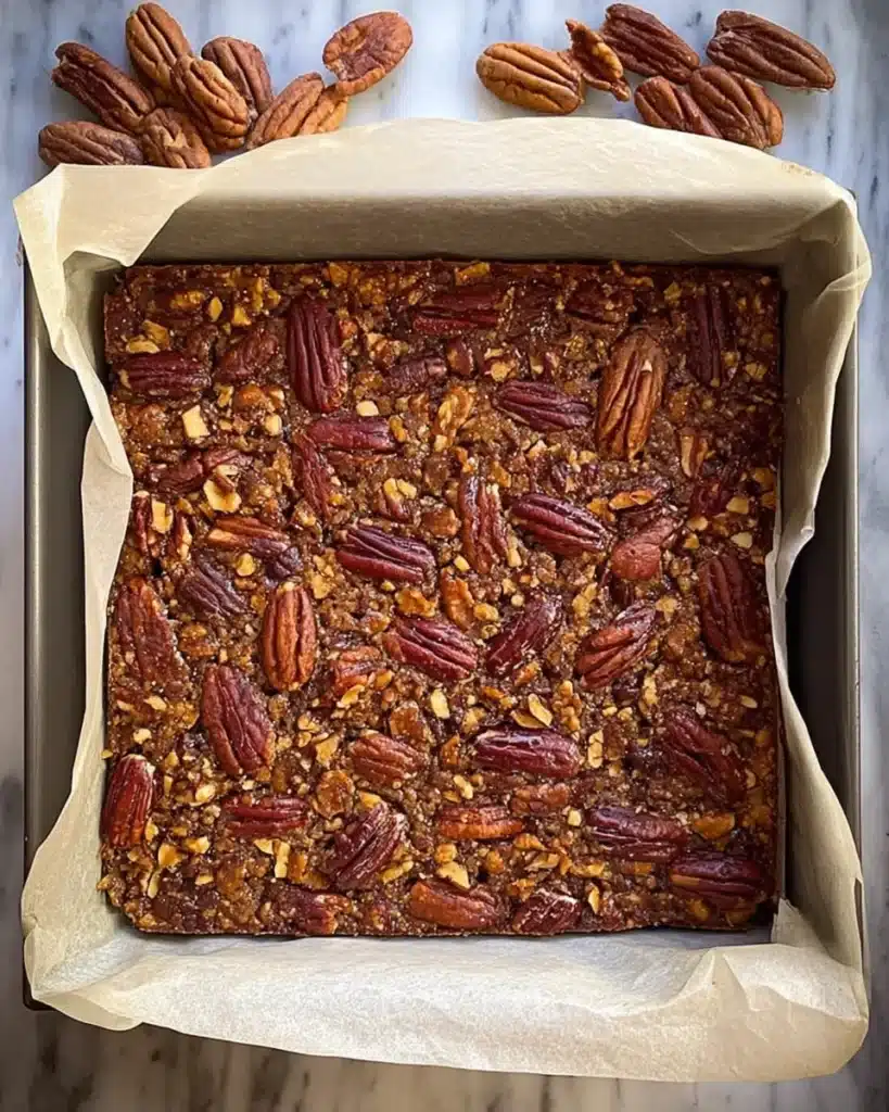 Freshly baked gluten-free pecan bar slab with caramelized nut topping in a baking pan