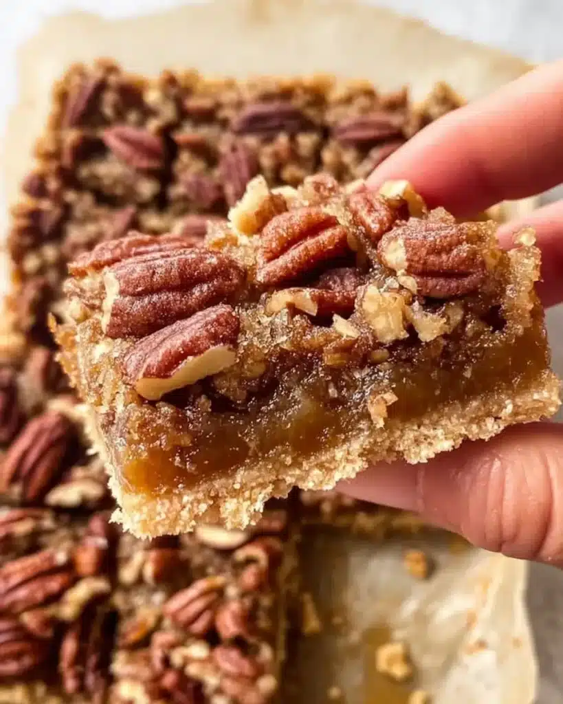 Hand holding a gooey gluten-free pecan bar with caramel filling and buttery shortbread crust