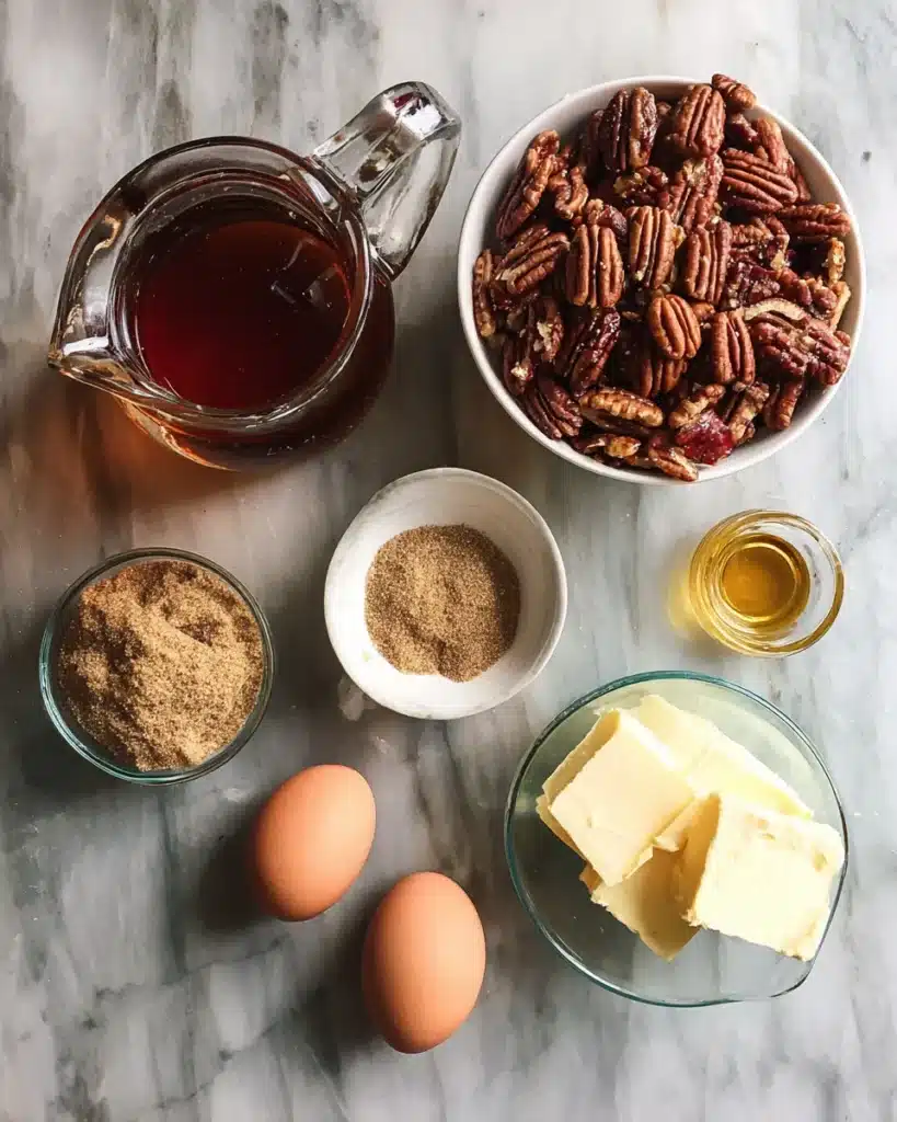 Flat lay of gluten-free pecan bar ingredients on marble surface