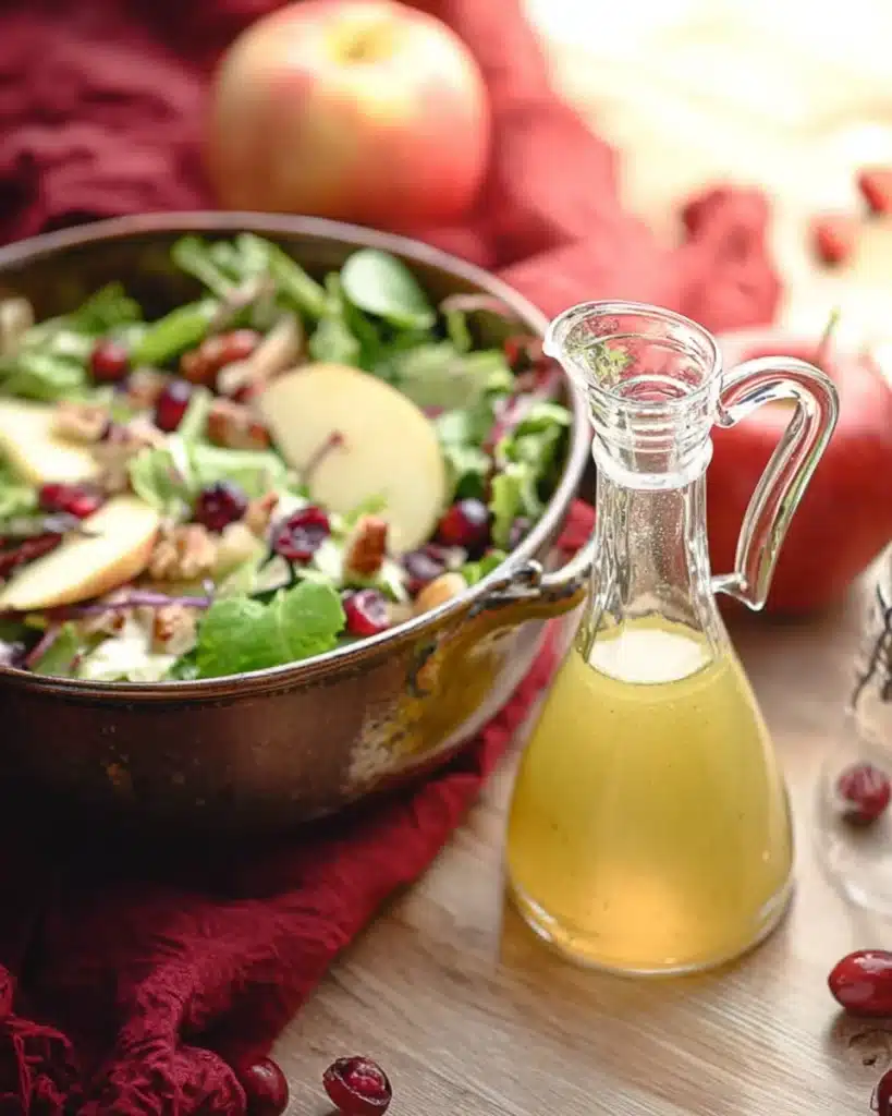 Holiday Honeycrisp Salad with apple cider vinaigrette in glass jar on wooden table