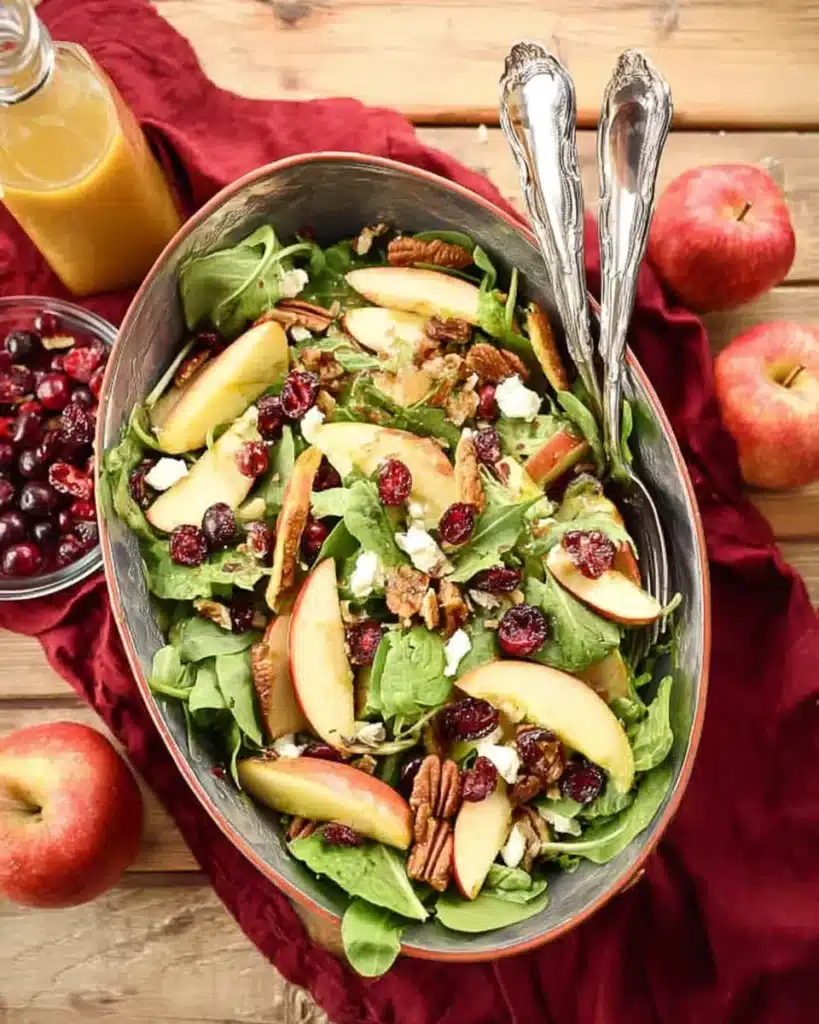 Overhead view of Holiday Honeycrisp Salad with apples, pecans, and vinaigrette