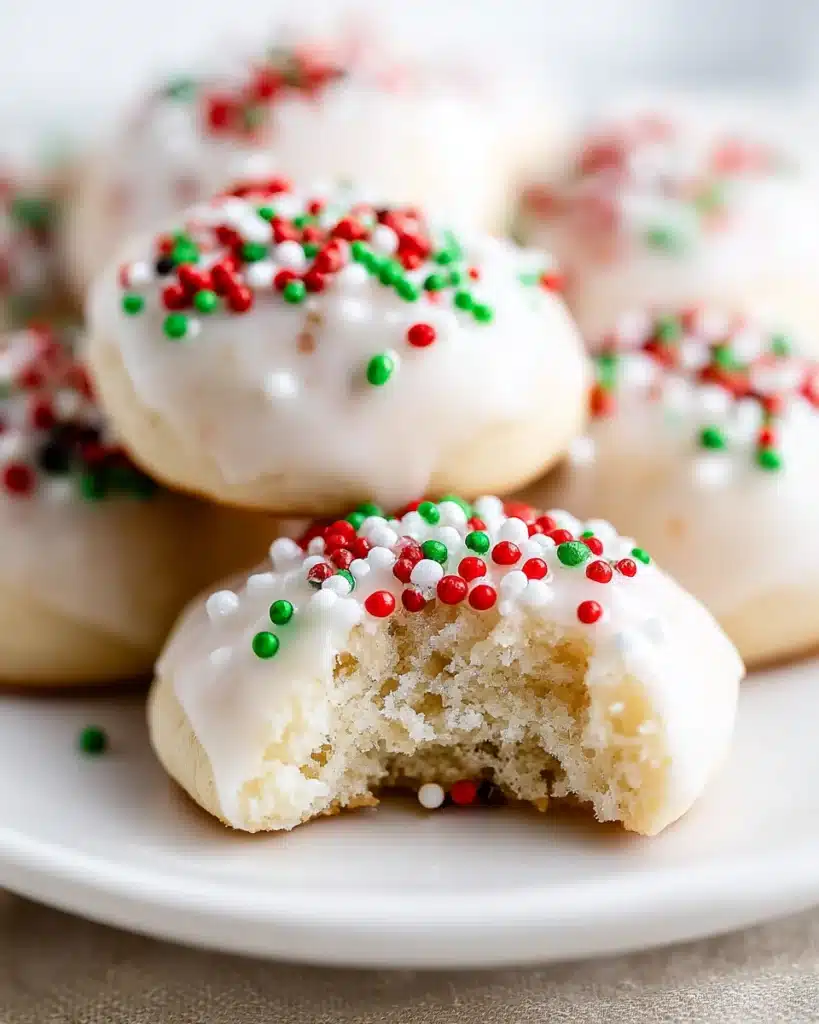 Close-up of frosted Italian Christmas cookies with sprinkles and a soft bite