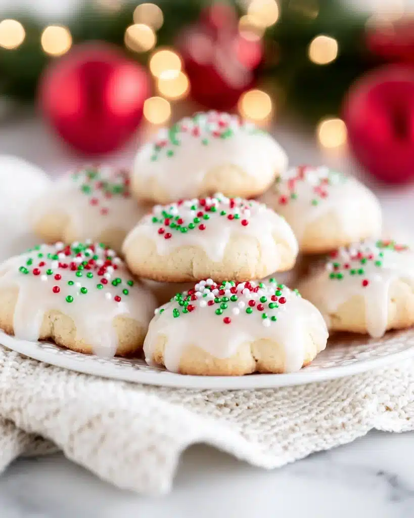 Plate of frosted Italian Christmas cookies with red and green sprinkles