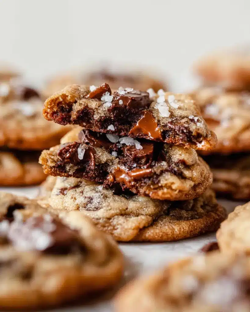 gooey crack cookies with melted chocolate and sea salt close-up