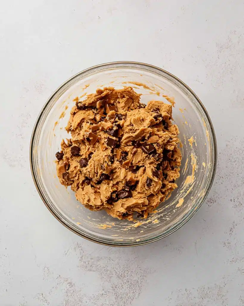 cookie dough with chocolate and toffee chunks in glass bowl
