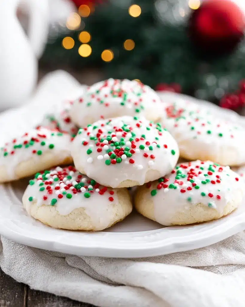 Frosted Italian Christmas cookies with red, green, and white sprinkles on a white plate