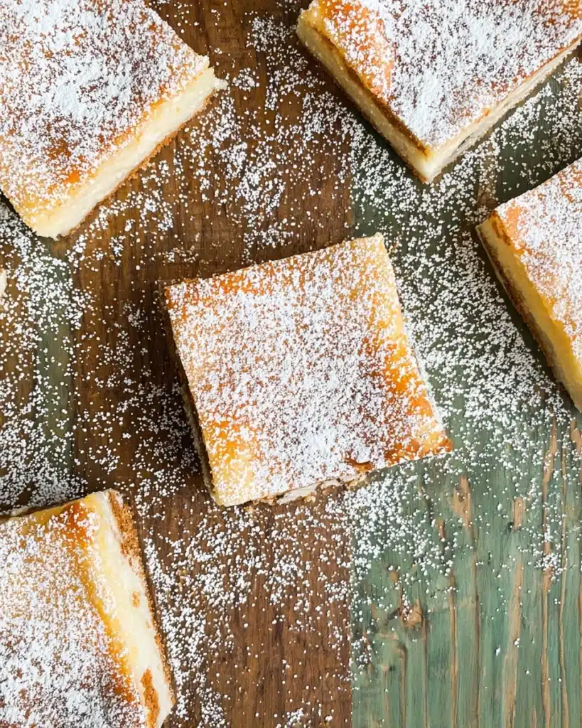 Overhead view of eggnog magic cake squares dusted with powdered sugar