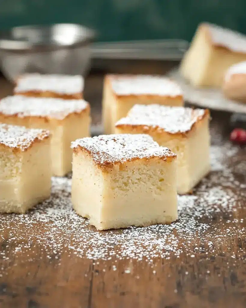Eggnog magic cake squares dusted with powdered sugar on rustic table
