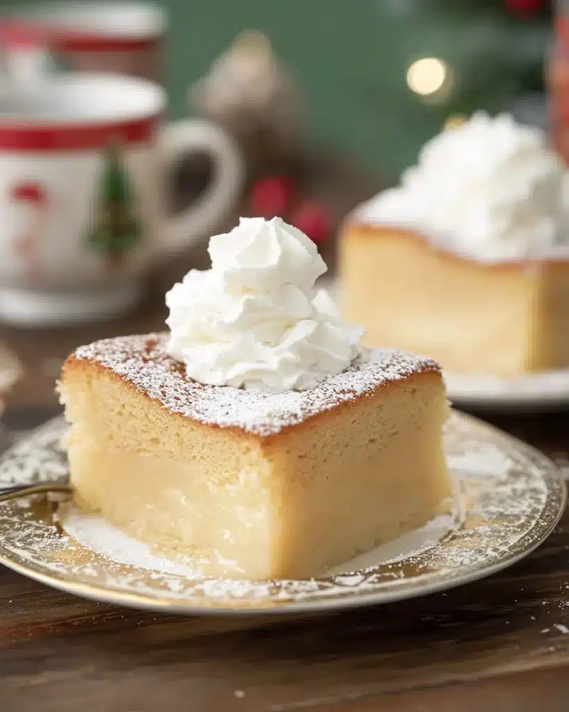 Eggnog magic cake slice with whipped cream and powdered sugar on festive plate