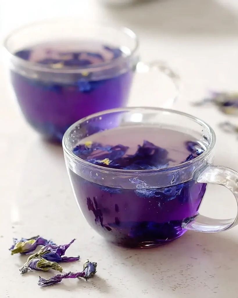 Vibrant purple butterfly pea flower tea in clear glass cups on light surface