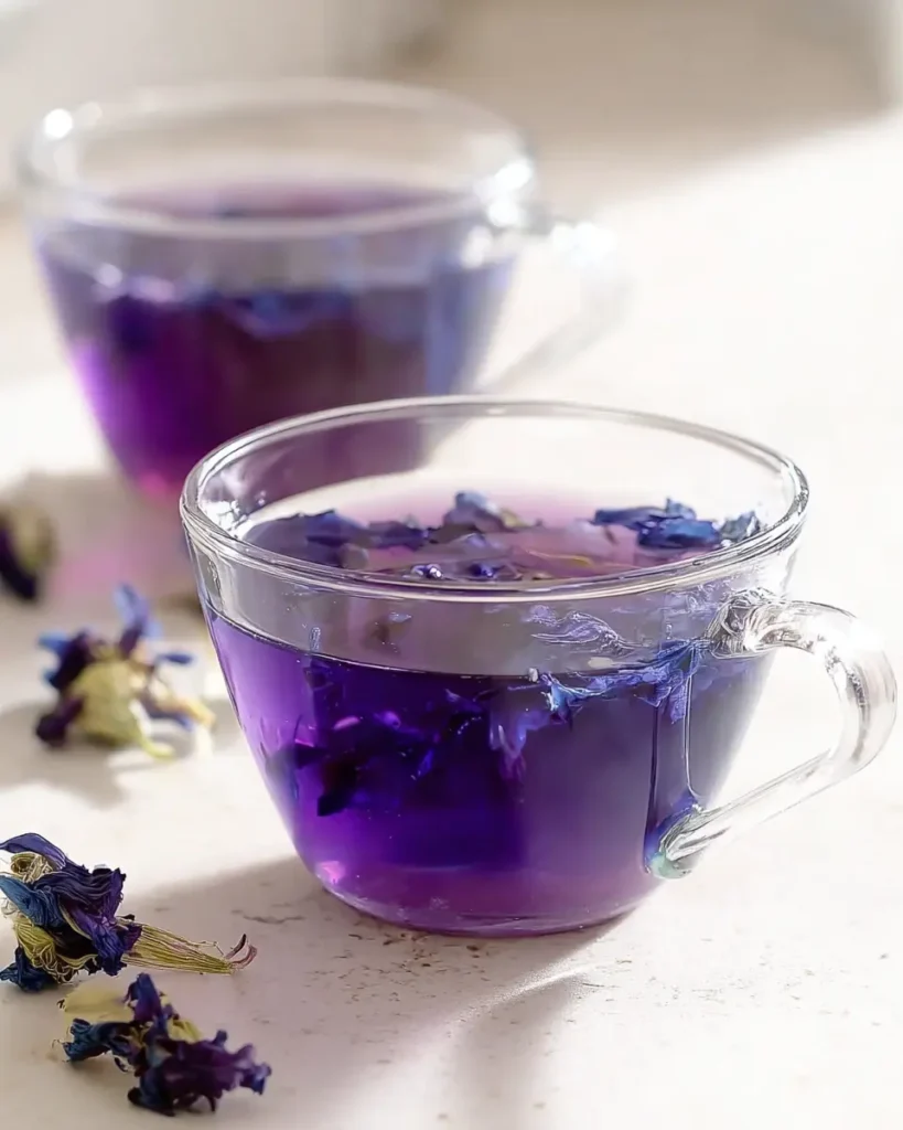 Purple butterfly pea tea in glass cups on a marble surface with dried flowers