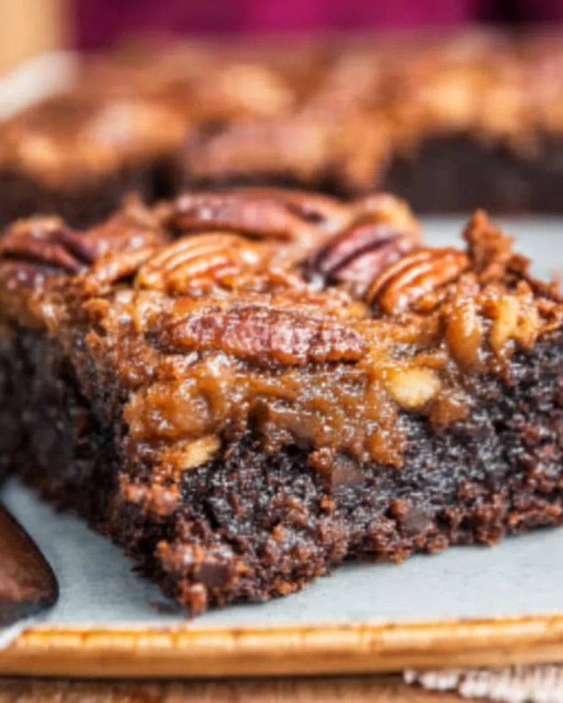 Close-up of gooey pecan pie brownie with caramelized pecan topping