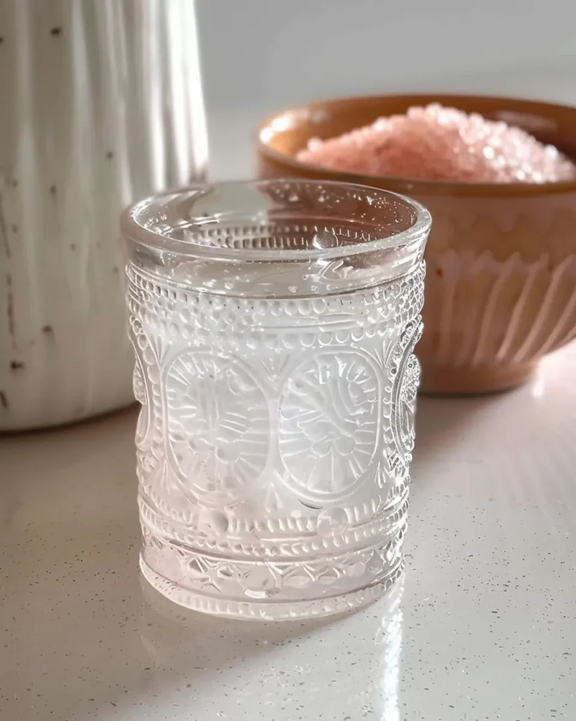 pink salt trick recipe drink in glass with Himalayan salt and lemon