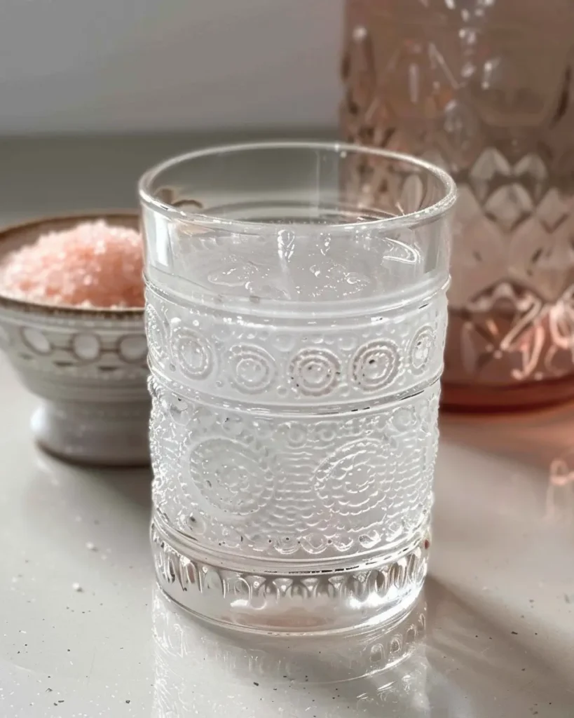 pink salt trick recipe glass with Himalayan salt on light surface