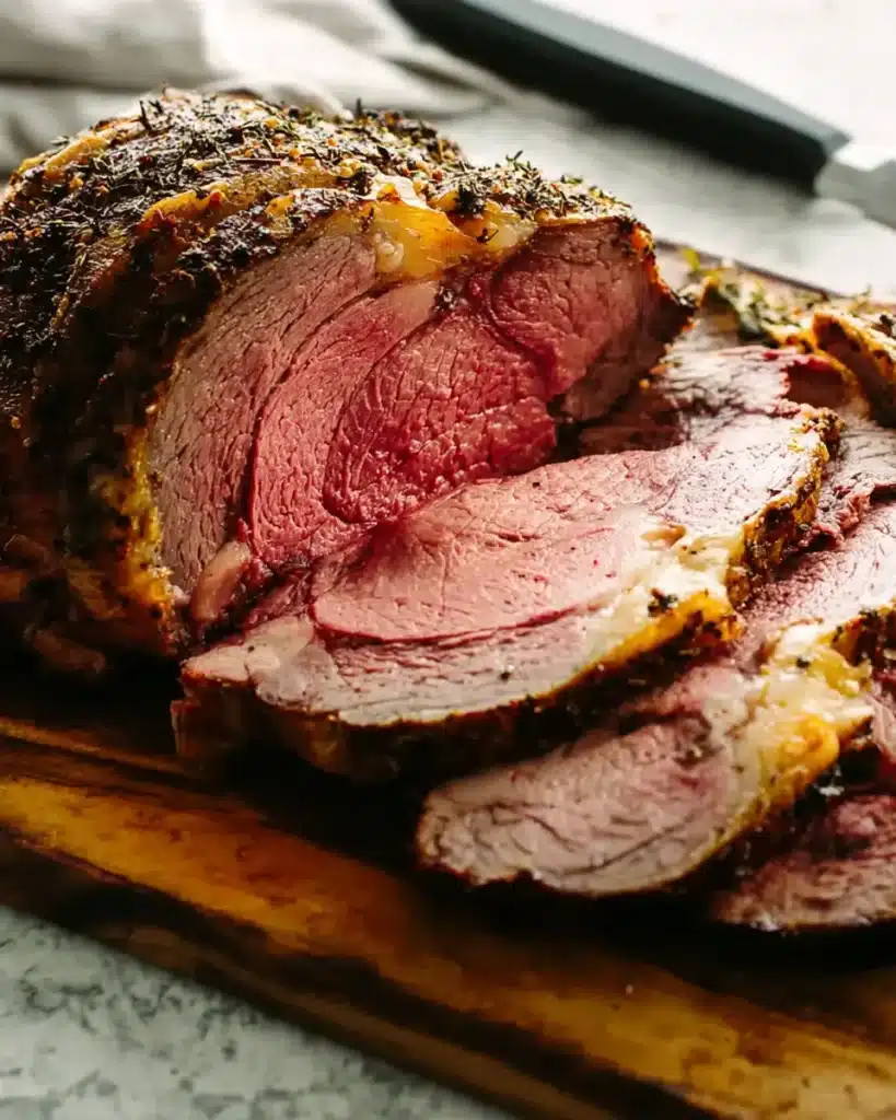 Sliced medium-rare prime rib roast with garlic herb crust on wooden board