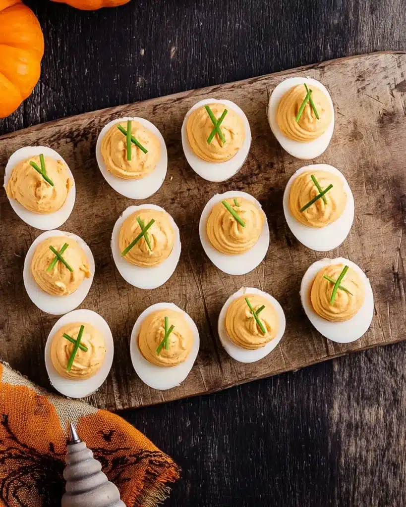 Pumpkin Patch Deviled Eggs on wooden board with chive stems and piping bag