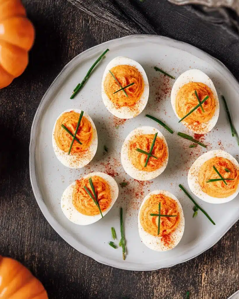 Pumpkin Patch Deviled Eggs arranged on gray plate with paprika and chive stems