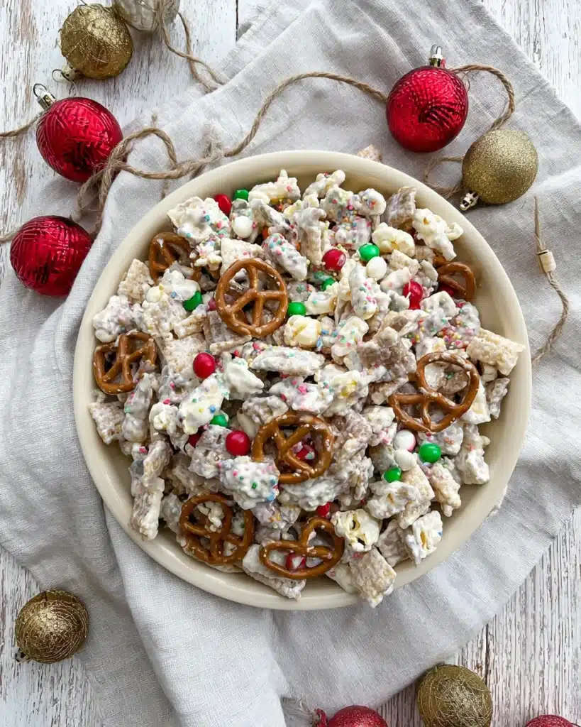 Reindeer chow snack mix in a festive bowl with pretzels, popcorn, and holiday candies