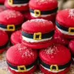 Santa Claus macarons with red shells, white filling, and yellow icing buckles