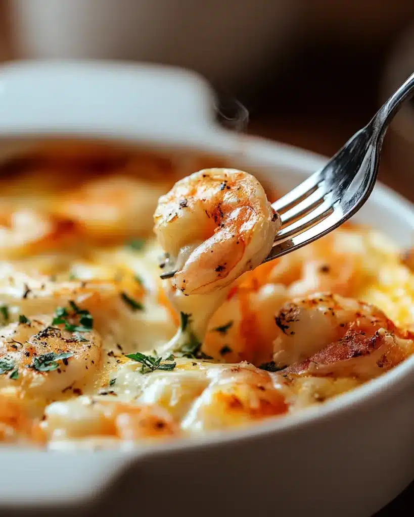 Close-up of shrimp lifted from creamy seafood casserole with herbs